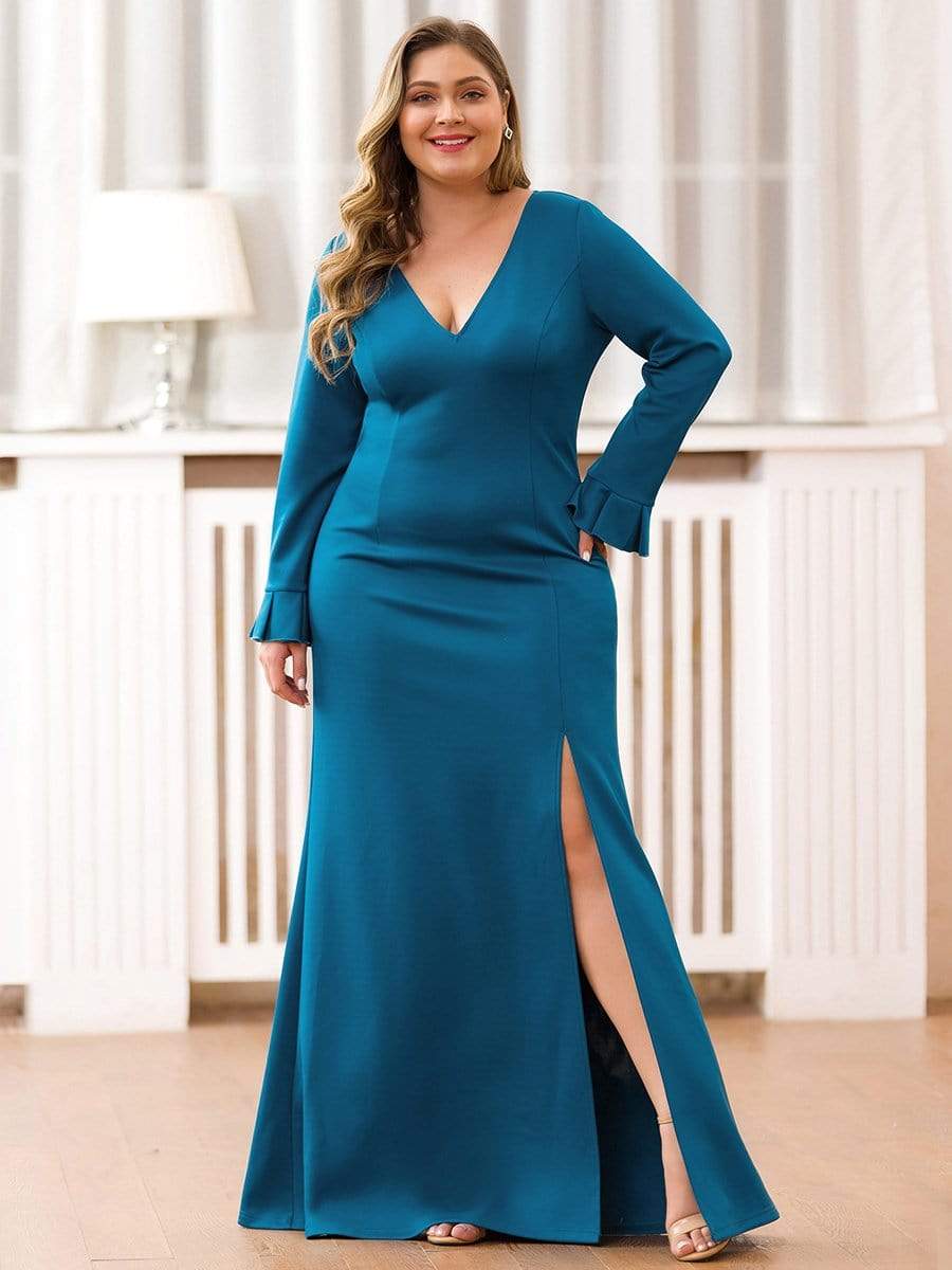 Color=Teal | Elegant V Neck High Slit Evening Dress-Teal 6 Color=Teal | Elegant V Neck High Slit Evening Dress-Teal 6