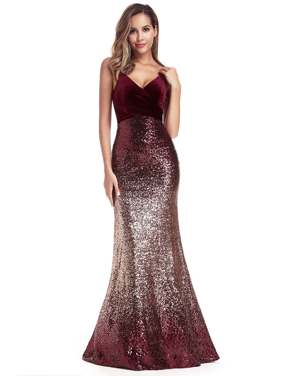 Color=Burgundy | Women'S V-Neck Spaghetti Straps Sequins Mermaid Dress-Burgundy 1 Color=Burgundy | Women'S V-Neck Spaghetti Straps Sequins Mermaid Dress-Burgundy 1