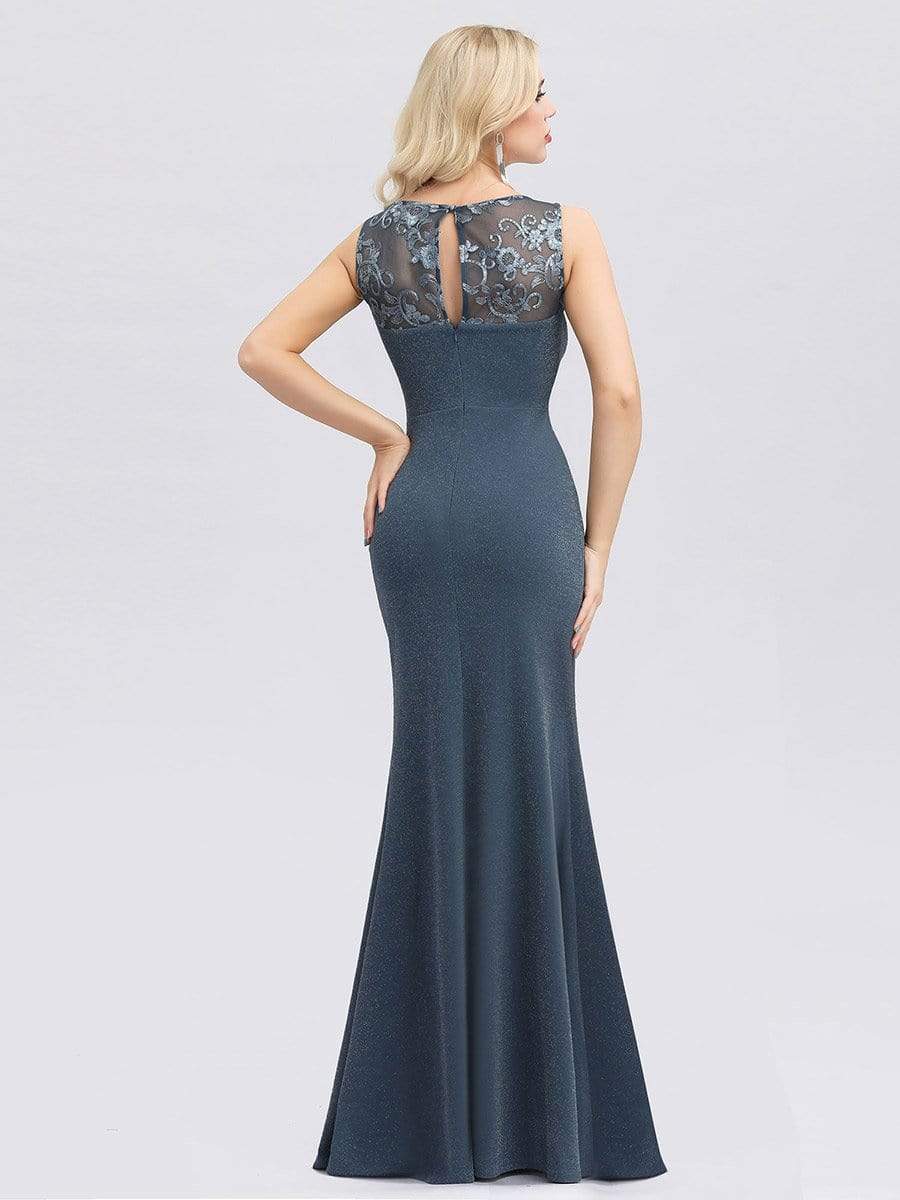 Color=Dusty Navy | Round Neckline Bridesmaid Dress With High Split-Dusty Navy 2 Color=Dusty Navy | Round Neckline Bridesmaid Dress With High Split-Dusty Navy 2