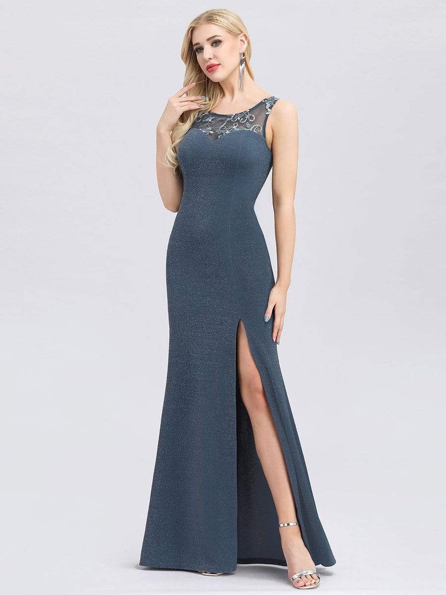 Color=Dusty Navy | Round Neckline Bridesmaid Dress With High Split-Dusty Navy 3 Color=Dusty Navy | Round Neckline Bridesmaid Dress With High Split-Dusty Navy 3