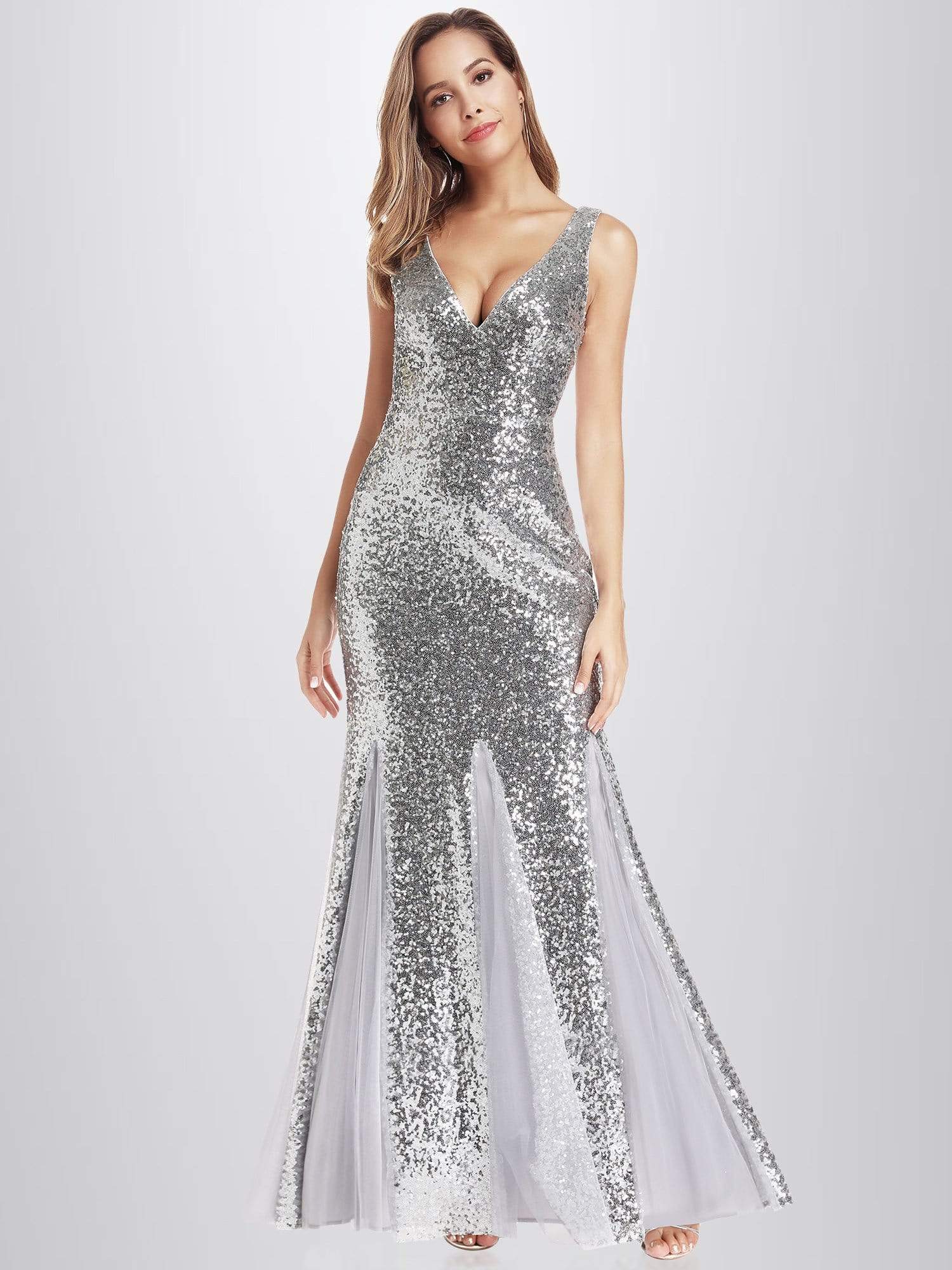 Color=Silver | Shiny V Neck Sequin Fishtail Party Dress-Silver 1 Color=Silver | Shiny V Neck Sequin Fishtail Party Dress-Silver 1
