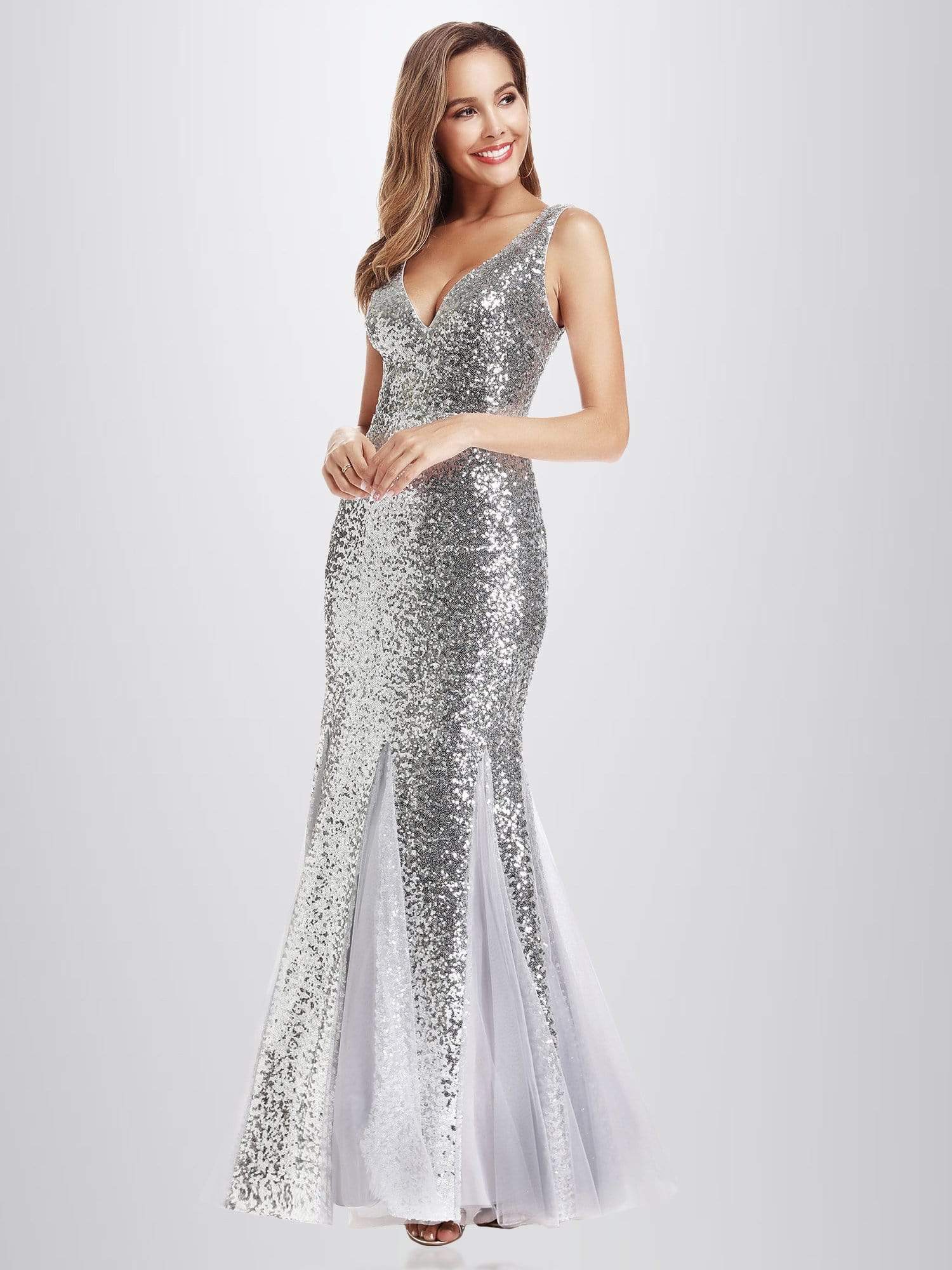 Color=Silver | Shiny V Neck Sequin Fishtail Party Dress-Silver 3 Color=Silver | Shiny V Neck Sequin Fishtail Party Dress-Silver 3