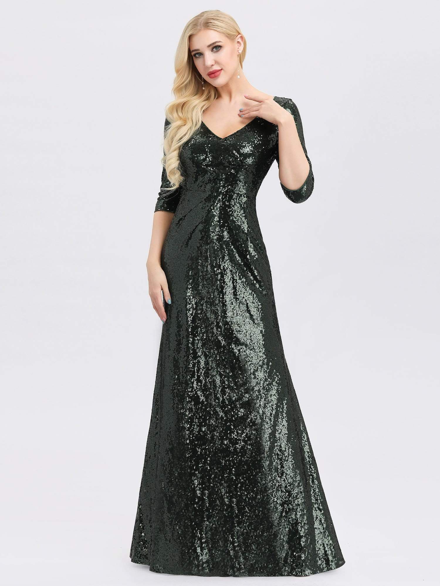 Color=Dark Green | Women'S V-Neck 3/4 Sleeve Sequin Dress Floor-Length Evening Dress-Dark Green 4 Color=Dark Green | Women'S V-Neck 3/4 Sleeve Sequin Dress Floor-Length Evening Dress-Dark Green 4