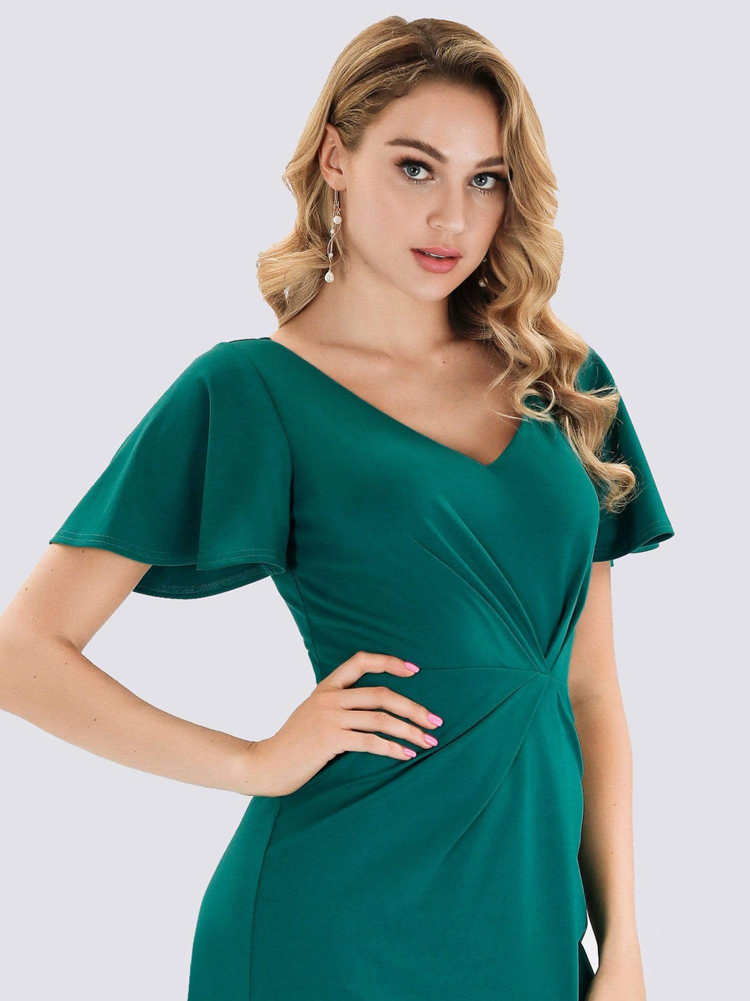 Color=Turquoise | V Neck Evening Dress With Ruffles Sleeve And High Slit-Turquoise 5 Color=Turquoise | V Neck Evening Dress With Ruffles Sleeve And High Slit-Turquoise 5