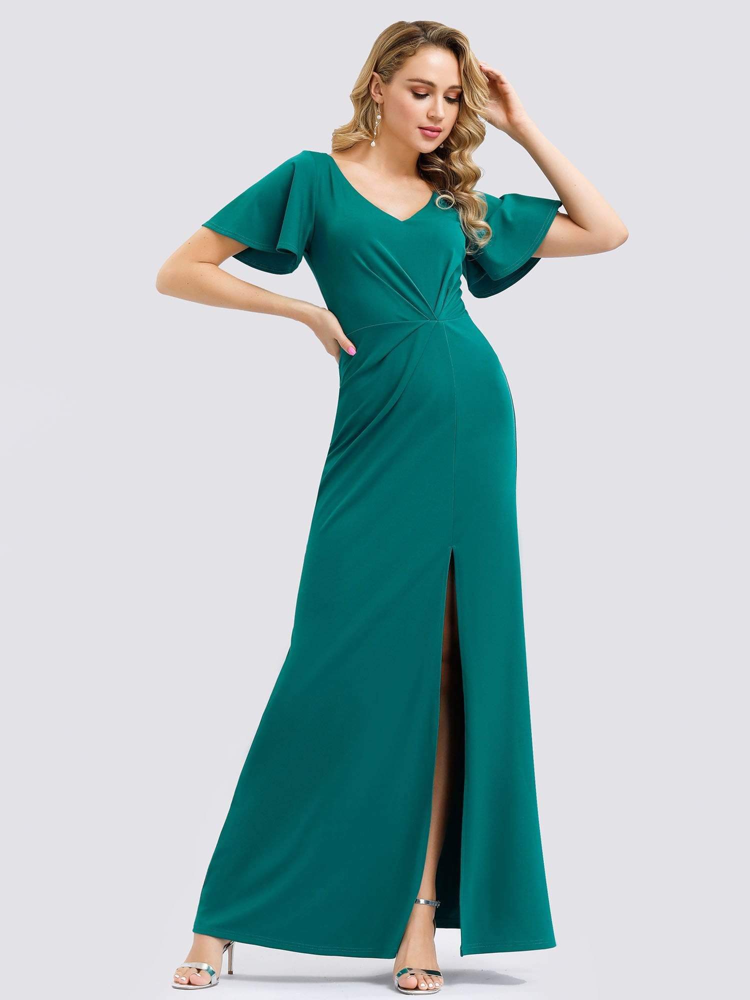 Color=Turquoise | V Neck Evening Dress With Ruffles Sleeve And High Slit-Turquoise 1 Color=Turquoise | V Neck Evening Dress With Ruffles Sleeve And High Slit-Turquoise 1