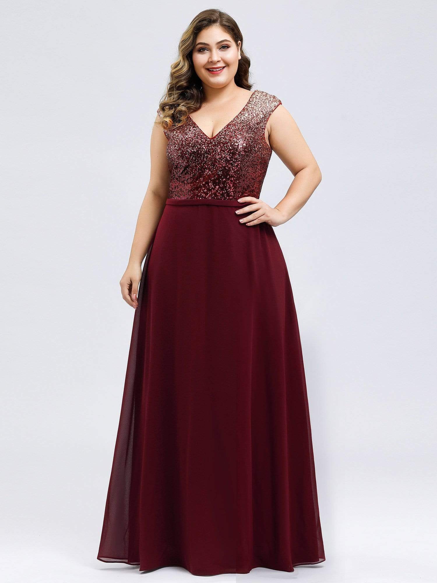 Color=Burgundy | Plus Size V Neck Sleeveless Floor Length Sequin Party Dress-Burgundy 3 Color=Burgundy | Plus Size V Neck Sleeveless Floor Length Sequin Party Dress-Burgundy 3