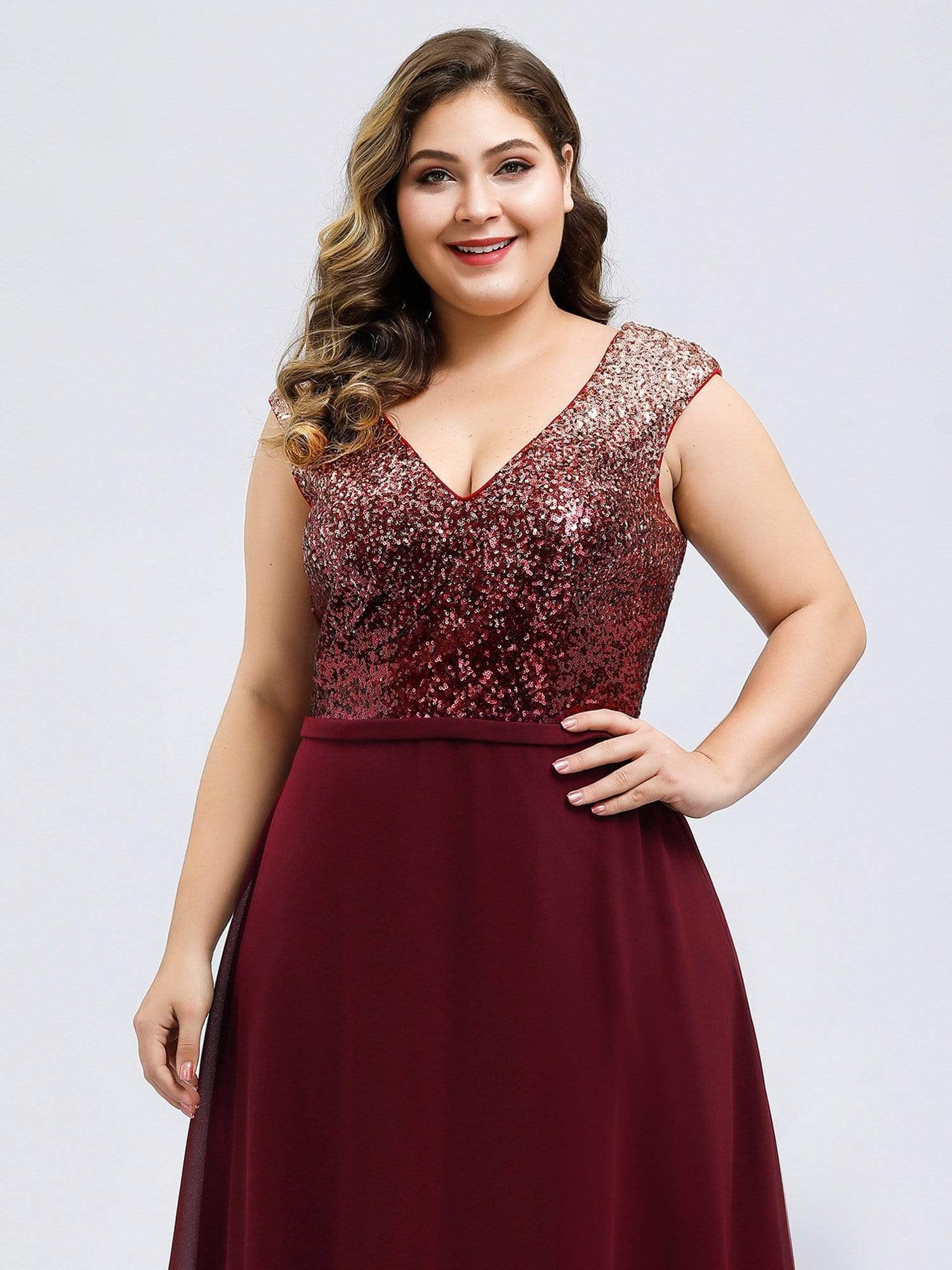 Color=Burgundy | Plus Size V Neck Sleeveless Floor Length Sequin Party Dress-Burgundy 5 Color=Burgundy | Plus Size V Neck Sleeveless Floor Length Sequin Party Dress-Burgundy 5