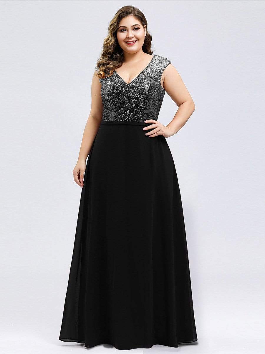 Color=Black | Plus Size V Neck Sleeveless Floor Length Sequin Party Dress-Black 3 Color=Black | Plus Size V Neck Sleeveless Floor Length Sequin Party Dress-Black 3