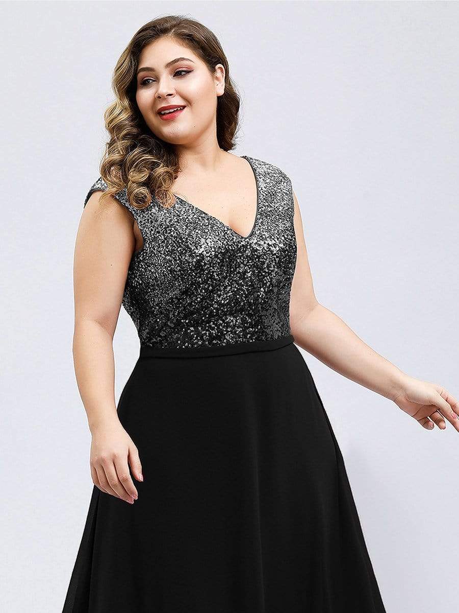 Color=Black | Plus Size V Neck Sleeveless Floor Length Sequin Party Dress-Black 5 Color=Black | Plus Size V Neck Sleeveless Floor Length Sequin Party Dress-Black 5