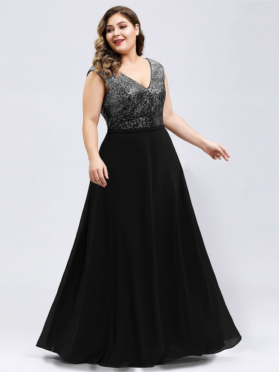 Color=Black | V Neck Sleeveless Floor Length Sequin Party Dress-Black 6 Color=Black | V Neck Sleeveless Floor Length Sequin Party Dress-Black 6