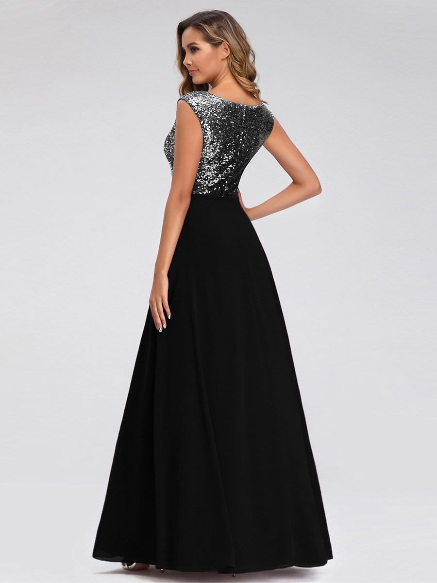 Color=Black | V Neck Sleeveless Floor Length Sequin Party Dress-Black 2 Color=Black | V Neck Sleeveless Floor Length Sequin Party Dress-Black 2