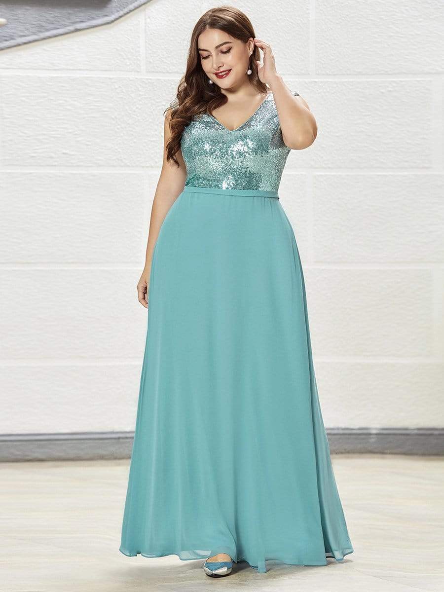 Color=Dusty Blue | Plus Size V Neck Sleeveless Floor Length Sequin Party Dress-Dusty Blue 3 Color=Dusty Blue | Plus Size V Neck Sleeveless Floor Length Sequin Party Dress-Dusty Blue 3