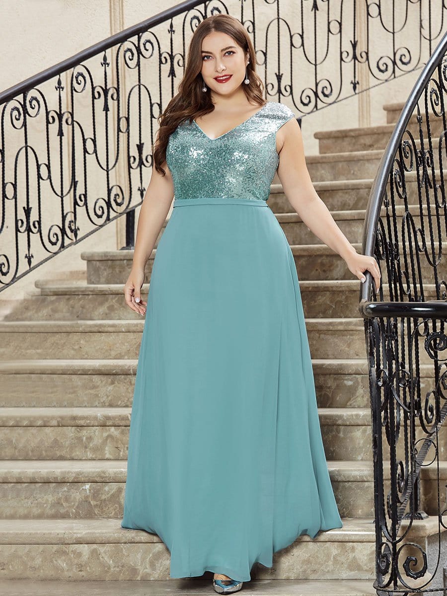 Color=Dusty Blue | V Neck Sleeveless Floor Length Sequin Party Dress-Dusty Blue 14 Color=Dusty Blue | V Neck Sleeveless Floor Length Sequin Party Dress-Dusty Blue 14