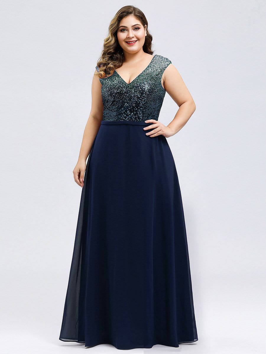 Color=Navy Blue | V Neck Sleeveless Floor Length Sequin Party Dress-Navy Blue 8 Color=Navy Blue | V Neck Sleeveless Floor Length Sequin Party Dress-Navy Blue 8