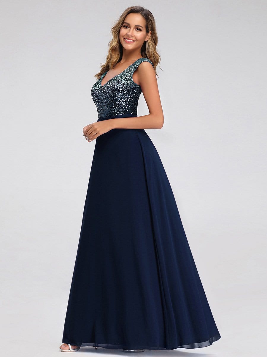 Color=Navy Blue | V Neck Sleeveless Floor Length Sequin Party Dress-Navy Blue 3 Color=Navy Blue | V Neck Sleeveless Floor Length Sequin Party Dress-Navy Blue 3