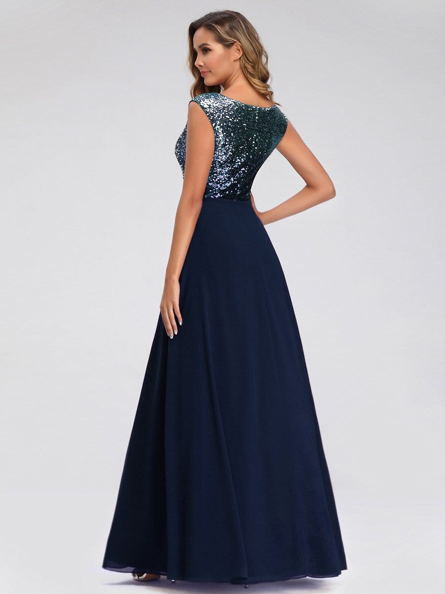 Color=Navy Blue | V Neck Sleeveless Floor Length Sequin Party Dress-Navy Blue 4 Color=Navy Blue | V Neck Sleeveless Floor Length Sequin Party Dress-Navy Blue 4