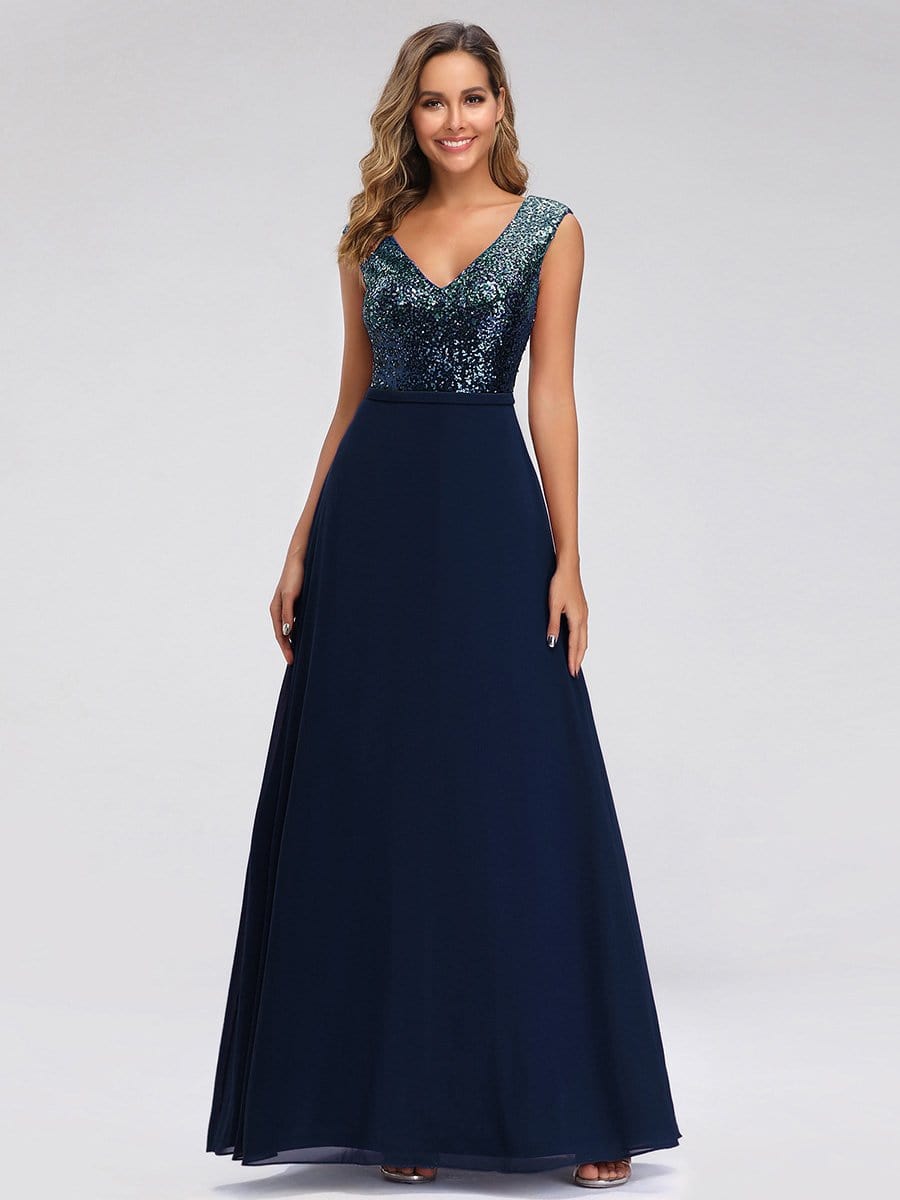 Color=Navy Blue | V Neck Sleeveless Floor Length Sequin Party Dress-Navy Blue 1 Color=Navy Blue | V Neck Sleeveless Floor Length Sequin Party Dress-Navy Blue 1