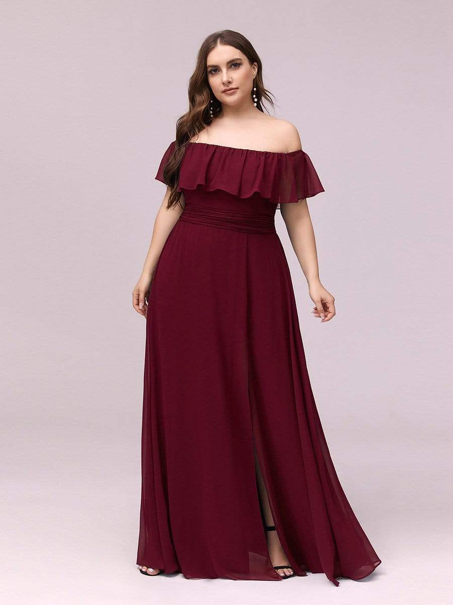 Color=Burgundy | Women'S A-Line Off Shoulder Ruffle Thigh Split Bridesmaid Dress-Burgundy 14 Color=Burgundy | Women'S A-Line Off Shoulder Ruffle Thigh Split Bridesmaid Dress-Burgundy 14