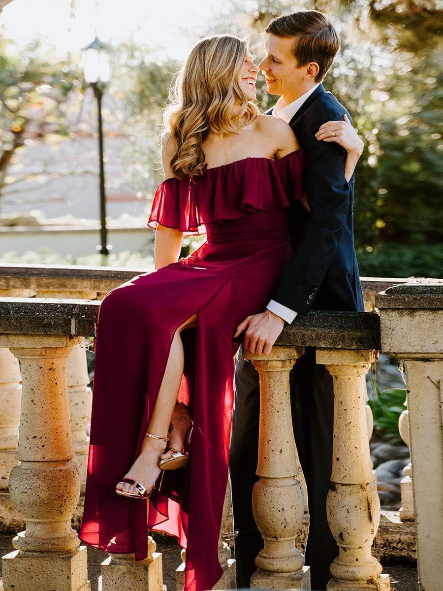 Color=Burgundy | Women'S A-Line Off Shoulder Ruffle Thigh Split Bridesmaid Dress-Burgundy 5 Color=Burgundy | Women'S A-Line Off Shoulder Ruffle Thigh Split Bridesmaid Dress-Burgundy 5