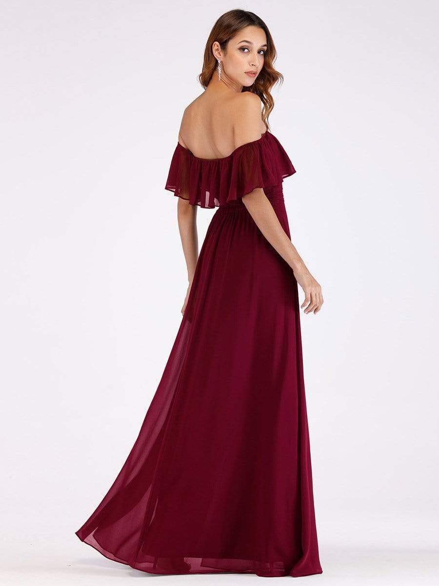Color=Burgundy | Women'S A-Line Off Shoulder Ruffle Thigh Split Bridesmaid Dress-Burgundy 11 Color=Burgundy | Women'S A-Line Off Shoulder Ruffle Thigh Split Bridesmaid Dress-Burgundy 11