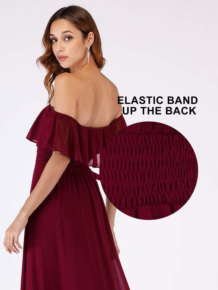 Color=Burgundy | Women'S A-Line Off Shoulder Ruffle Thigh Split Bridesmaid Dress-Burgundy 15 Color=Burgundy | Women'S A-Line Off Shoulder Ruffle Thigh Split Bridesmaid Dress-Burgundy 15