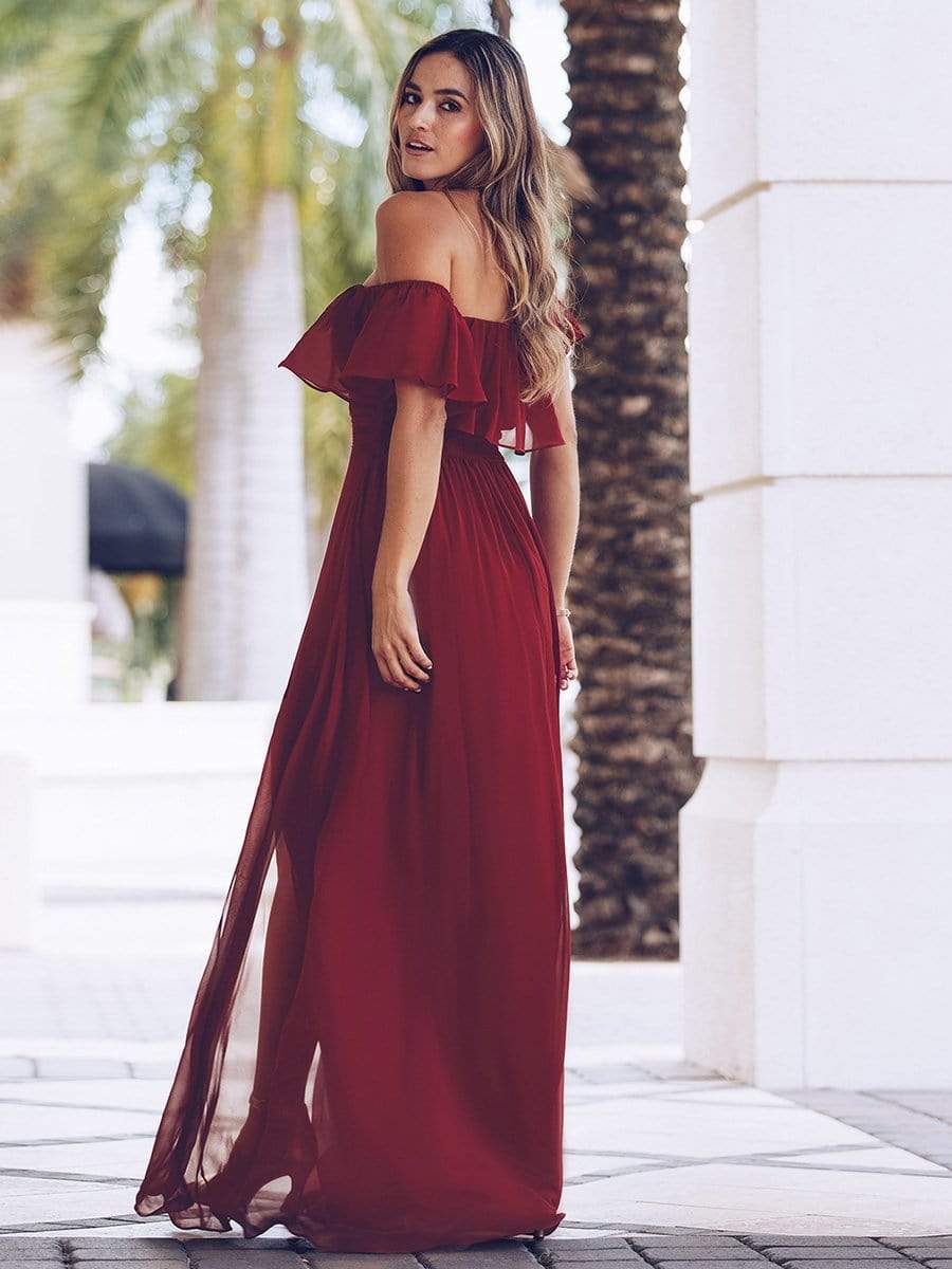 Color=Burgundy | Women'S A-Line Off Shoulder Ruffle Thigh Split Bridesmaid Dress-Burgundy 2