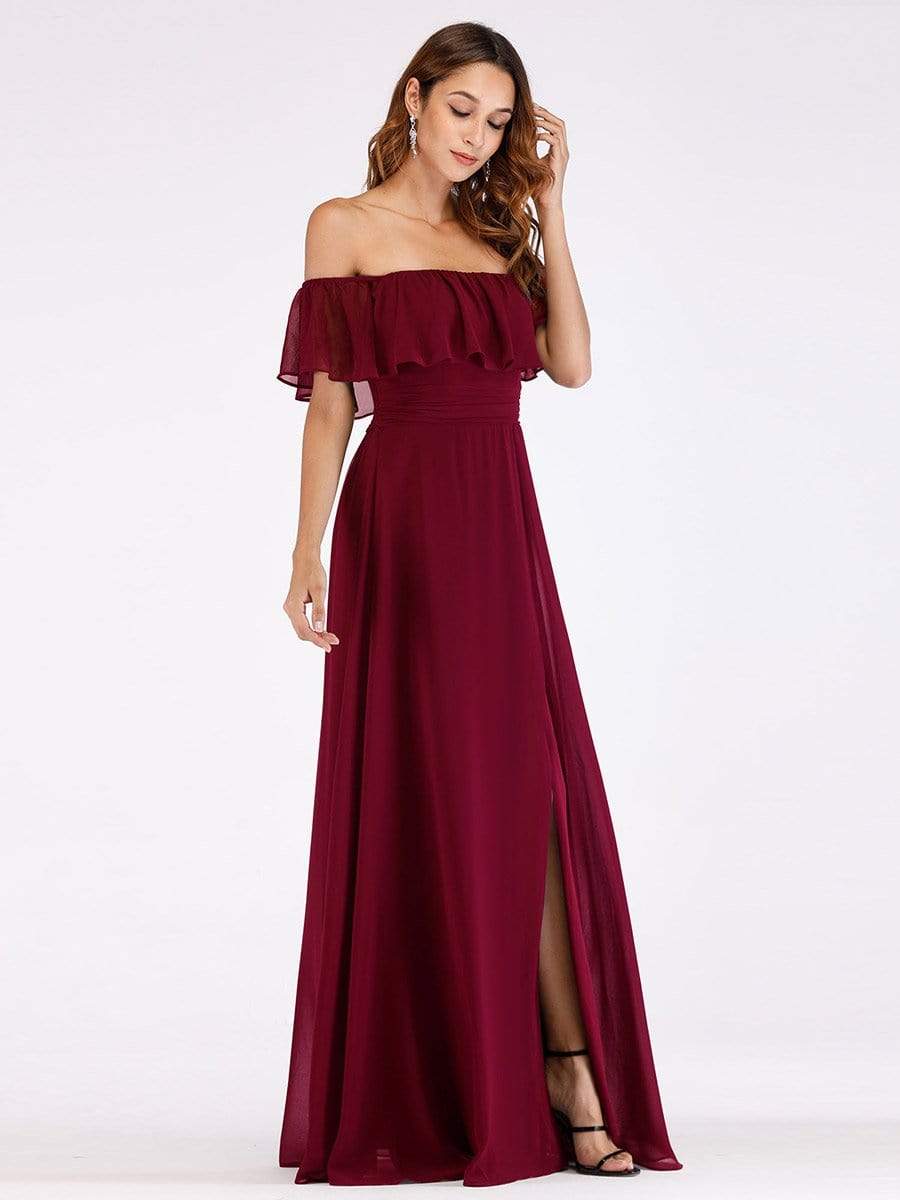 Color=Burgundy | Women'S A-Line Off Shoulder Ruffle Thigh Split Bridesmaid Dress-Burgundy 10 Color=Burgundy | Women'S A-Line Off Shoulder Ruffle Thigh Split Bridesmaid Dress-Burgundy 10