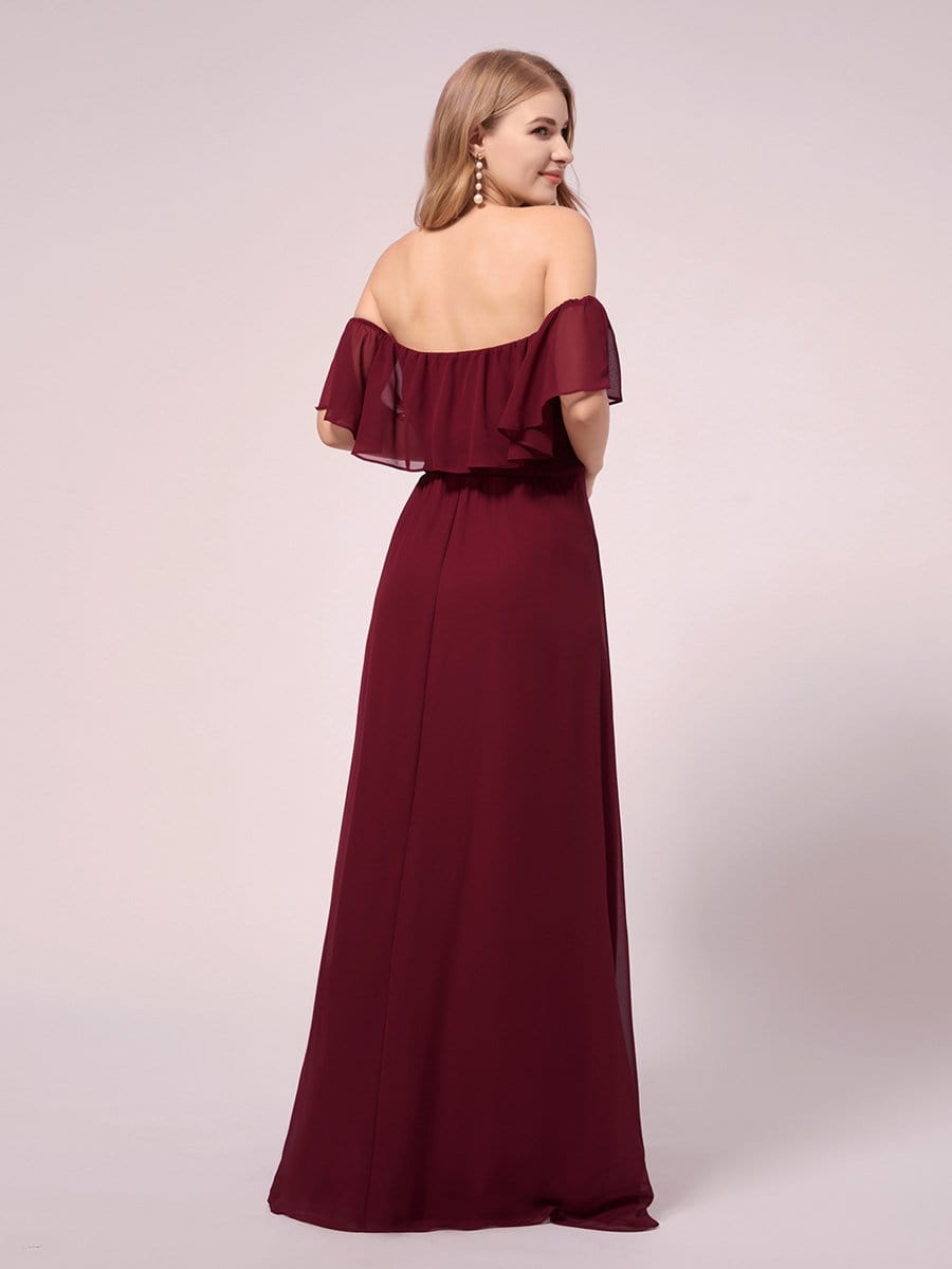 Color=Burgundy | Women's Off Shoulder Ruffle Thigh Split Maternity Dresses-Burgundy 2 Color=Burgundy | Women's Off Shoulder Ruffle Thigh Split Maternity Dresses-Burgundy 2