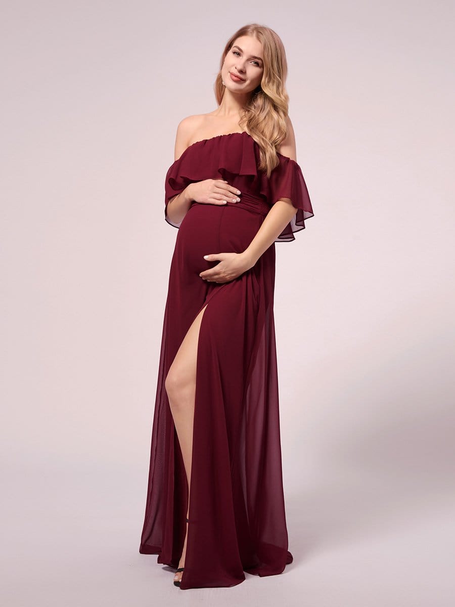 Color=Burgundy | Women's Off Shoulder Ruffle Thigh Split Maternity Dresses-Burgundy 3 Color=Burgundy | Women's Off Shoulder Ruffle Thigh Split Maternity Dresses-Burgundy 3
