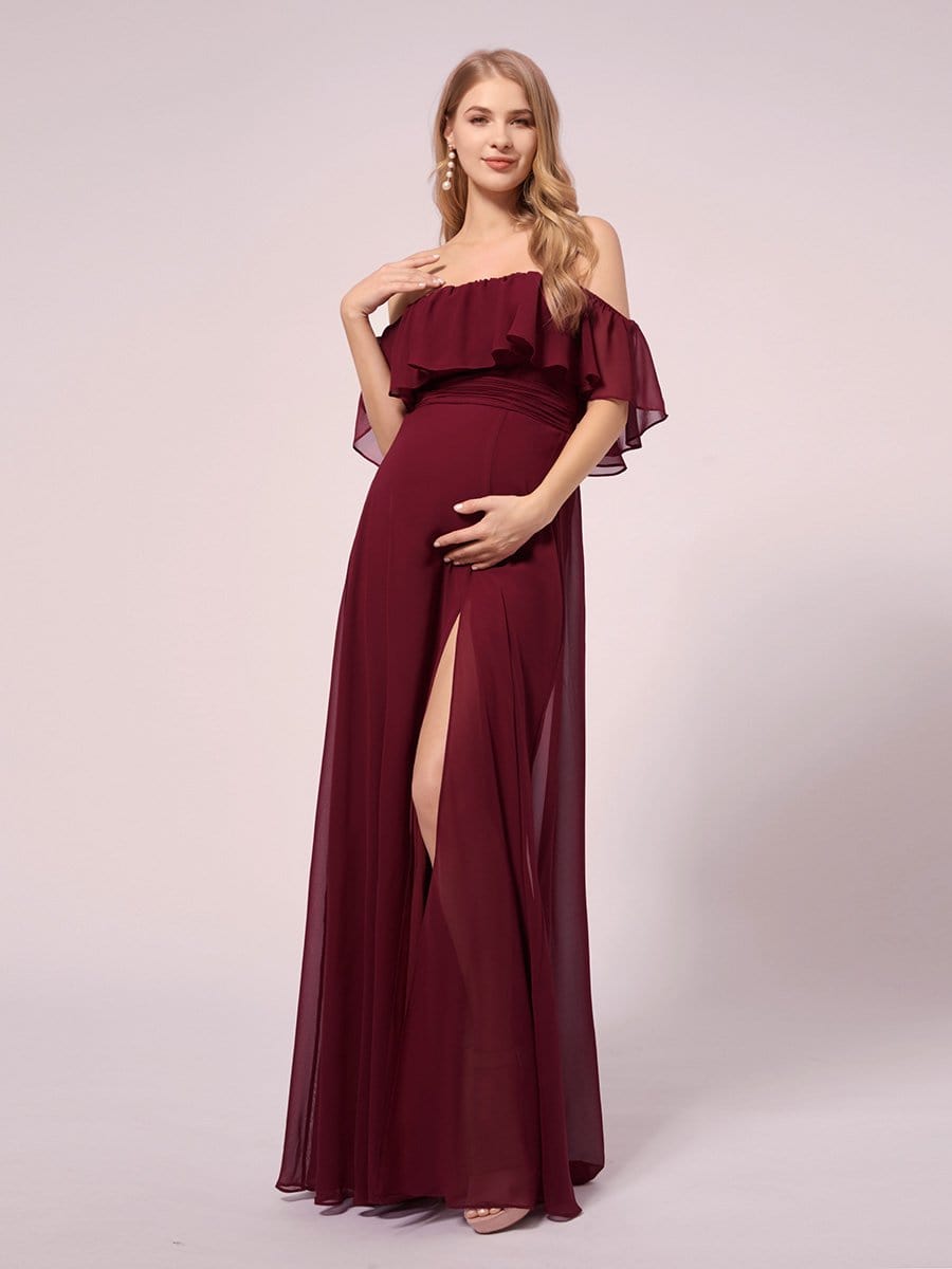 Color=Burgundy | Women's Off Shoulder Ruffle Thigh Split Maternity Dresses-Burgundy 5 Color=Burgundy | Women's Off Shoulder Ruffle Thigh Split Maternity Dresses-Burgundy 5