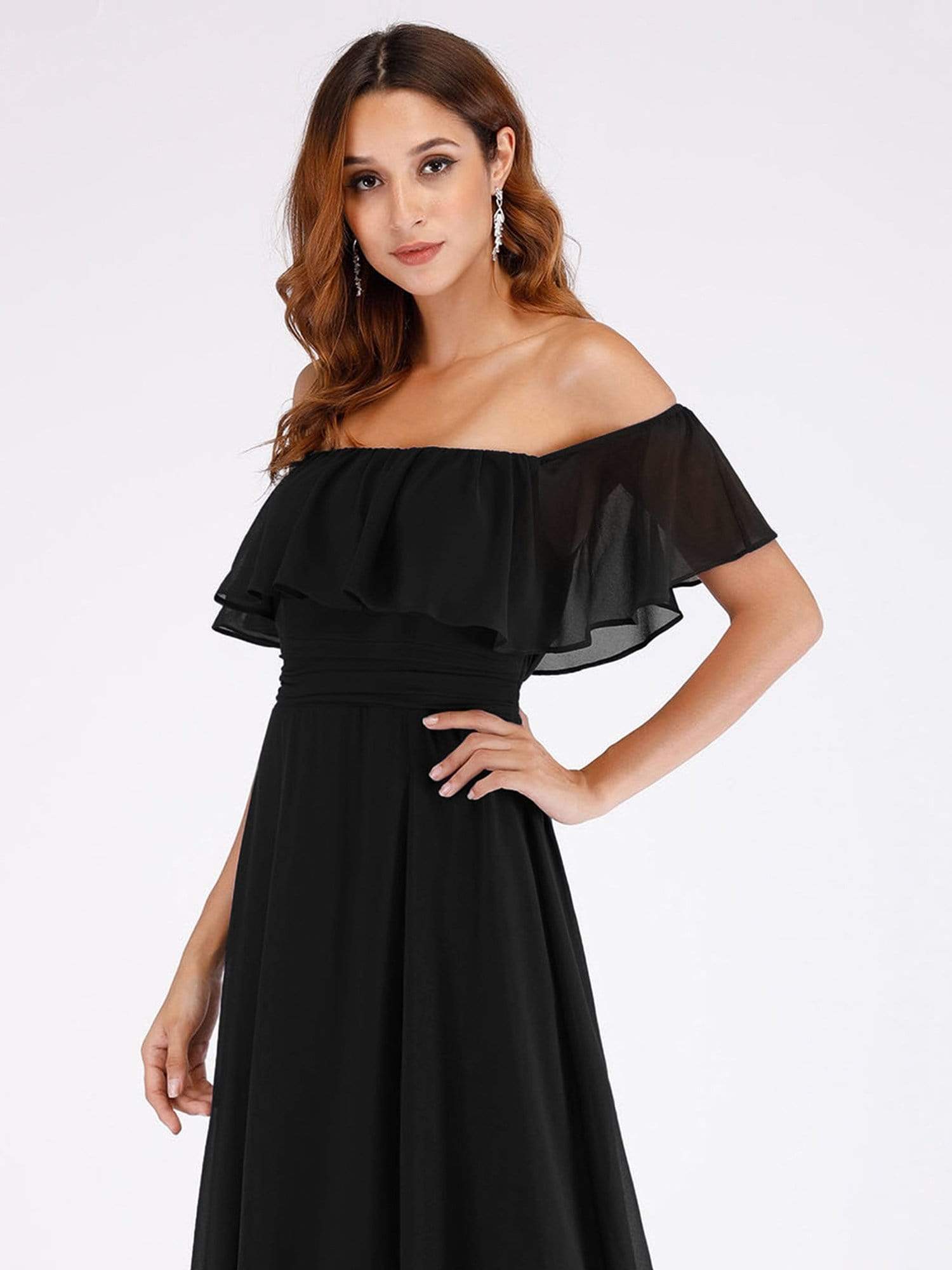 Color=Black | Women'S A-Line Off Shoulder Ruffle Thigh Split Bridesmaid Dress-Black 5 Color=Black | Women'S A-Line Off Shoulder Ruffle Thigh Split Bridesmaid Dress-Black 5