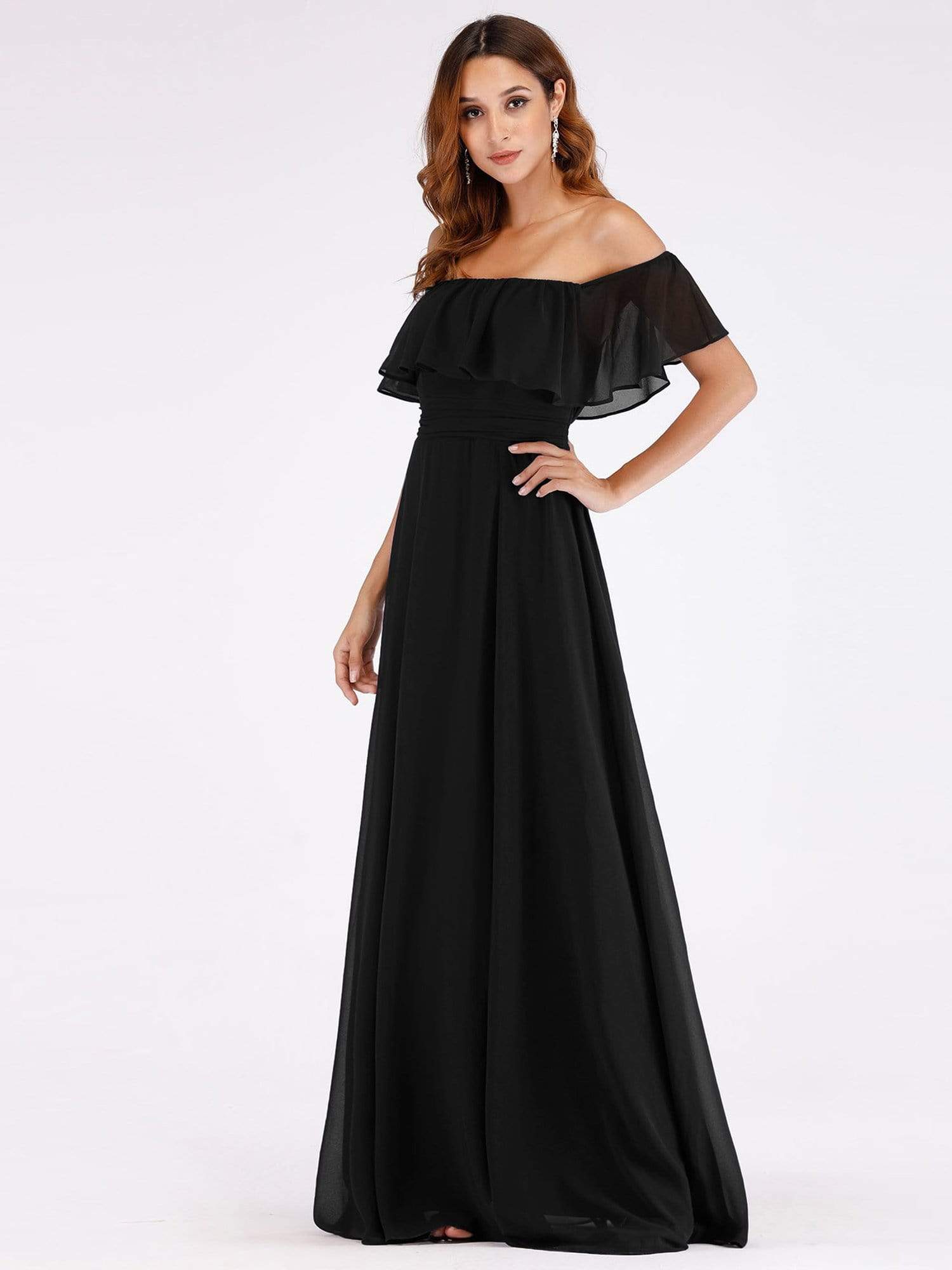 Color=Black | Women'S A-Line Off Shoulder Ruffle Thigh Split Bridesmaid Dress-Black 1 Color=Black | Women'S A-Line Off Shoulder Ruffle Thigh Split Bridesmaid Dress-Black 1