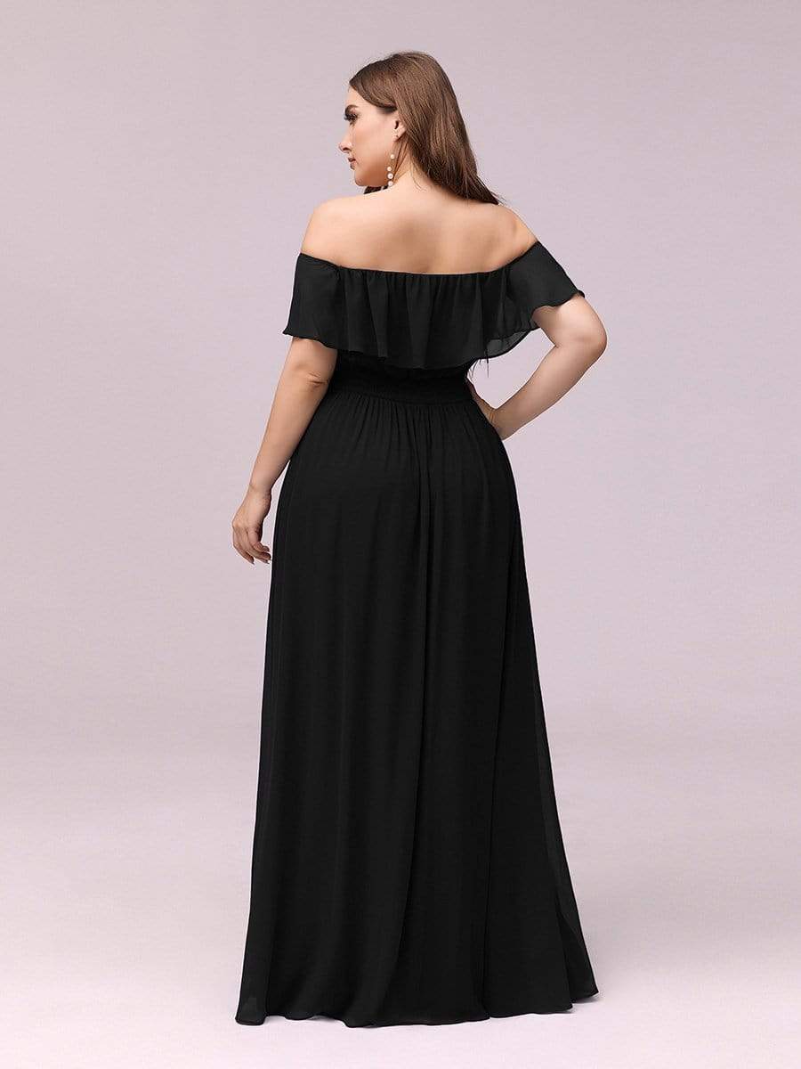 Color=Black | Plus Size Women'S A-Line Off Shoulder Ruffle Thigh Split Bridesmaid Dress-Black 4 Color=Black | Plus Size Women'S A-Line Off Shoulder Ruffle Thigh Split Bridesmaid Dress-Black 4