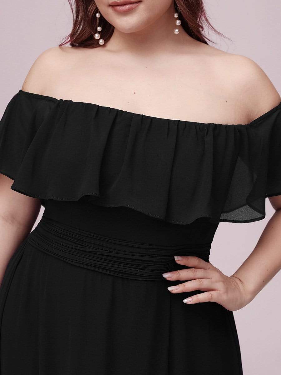 Color=Black | Plus Size Women'S A-Line Off Shoulder Ruffle Thigh Split Bridesmaid Dress-Black 5 Color=Black | Plus Size Women'S A-Line Off Shoulder Ruffle Thigh Split Bridesmaid Dress-Black 5