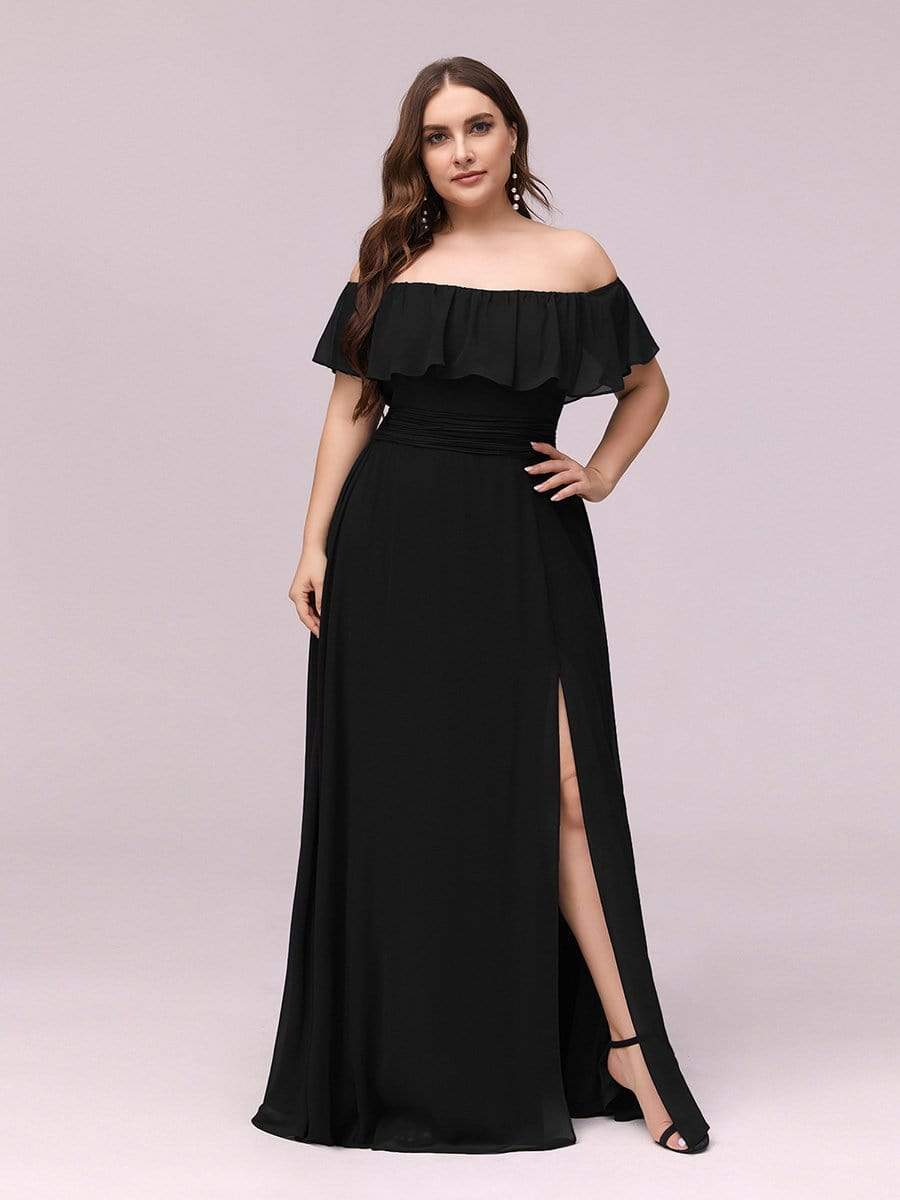 Color=Black | Plus Size Women'S A-Line Off Shoulder Ruffle Thigh Split Bridesmaid Dress-Black 3 Color=Black | Plus Size Women'S A-Line Off Shoulder Ruffle Thigh Split Bridesmaid Dress-Black 3