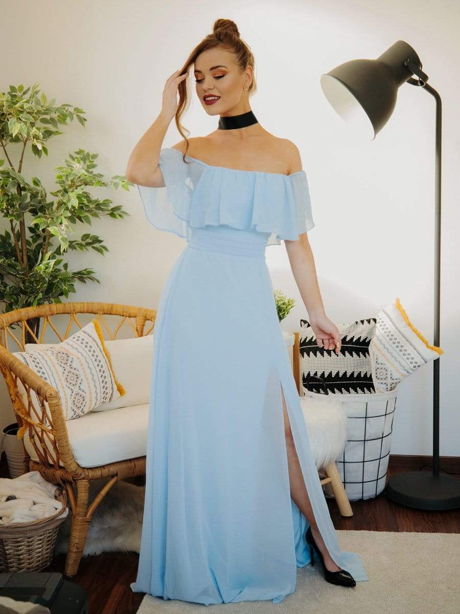 Color=Sky Blue | Women'S A-Line Off Shoulder Ruffle Thigh Split Bridesmaid Dress-Sky Blue 2 Color=Sky Blue | Women'S A-Line Off Shoulder Ruffle Thigh Split Bridesmaid Dress-Sky Blue 2