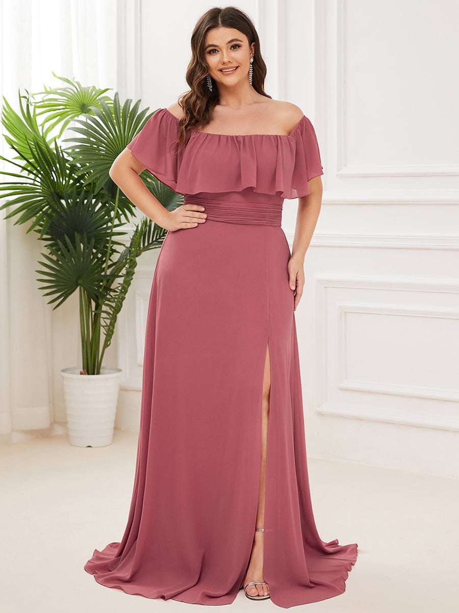 Off The Shoulder Bridesmaid Dresses Side Split Maxi #color_Cameo Brown Off The Shoulder Bridesmaid Dresses Side Split Maxi #color_Cameo Brown