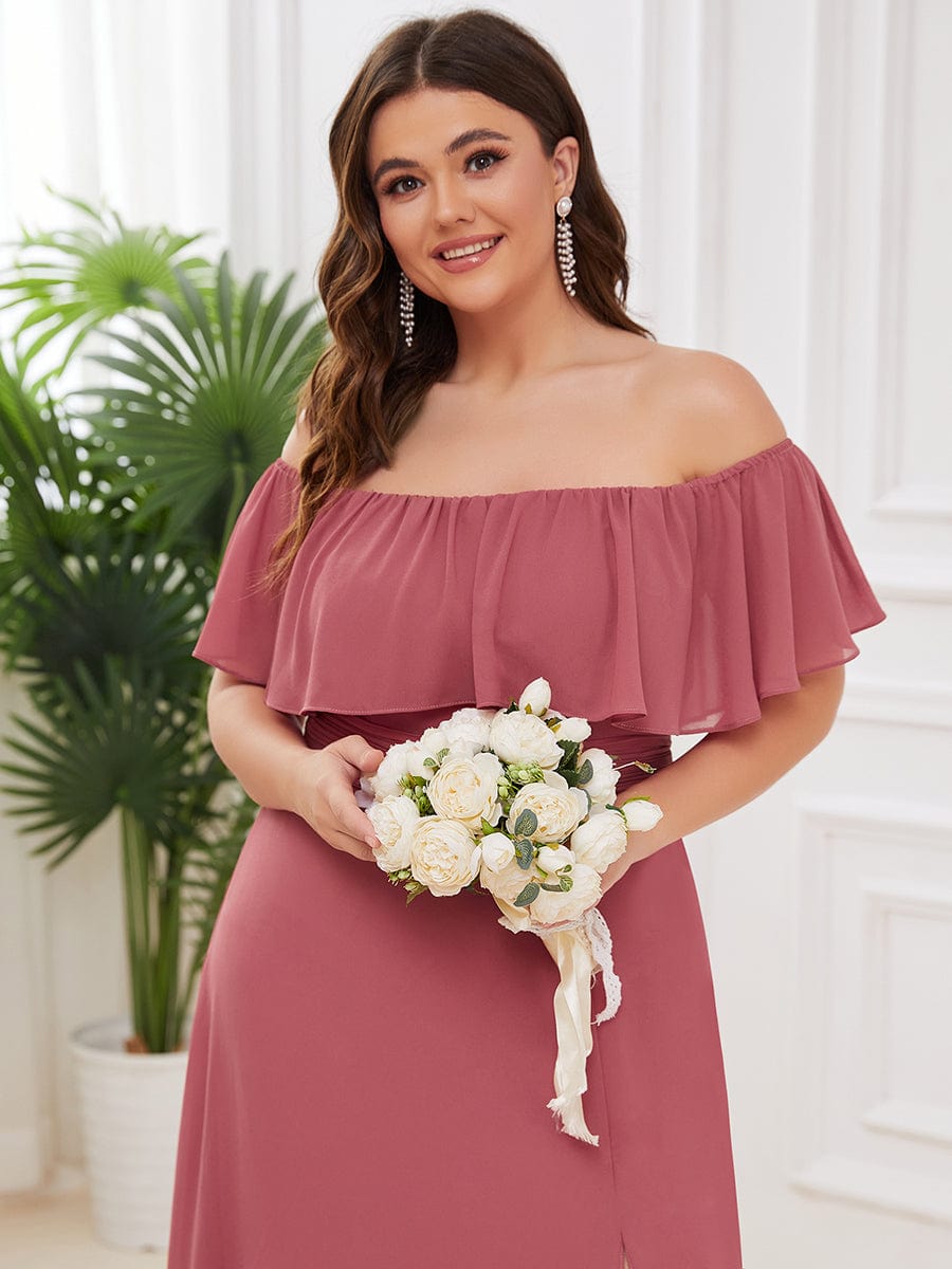 Off The Shoulder Bridesmaid Dresses Side Split Maxi #color_Cameo Brown Off The Shoulder Bridesmaid Dresses Side Split Maxi #color_Cameo Brown