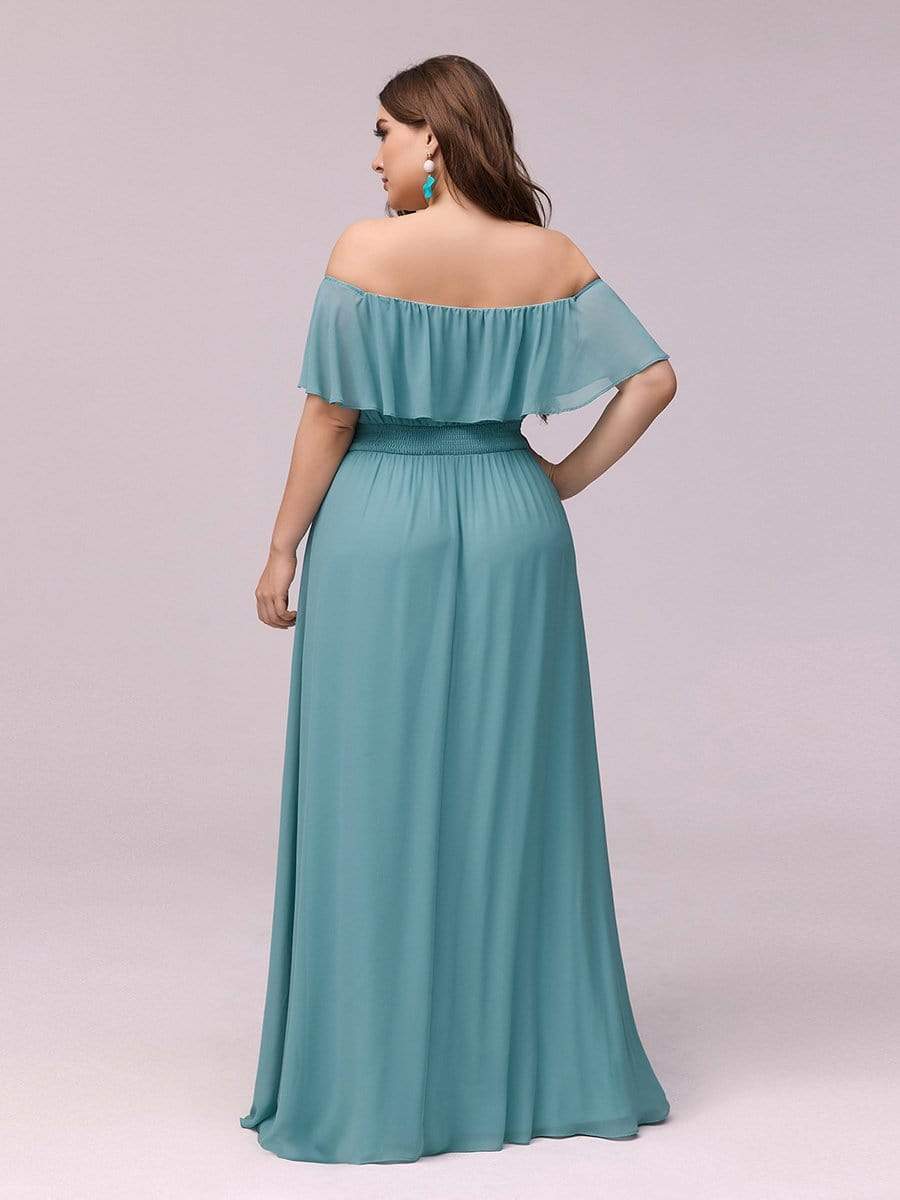 Color=Dusty Blue | Plus Size Women'S A-Line Off Shoulder Ruffle Thigh Split Bridesmaid Dress-Dusty Blue 2 Color=Dusty Blue | Plus Size Women'S A-Line Off Shoulder Ruffle Thigh Split Bridesmaid Dress-Dusty Blue 2
