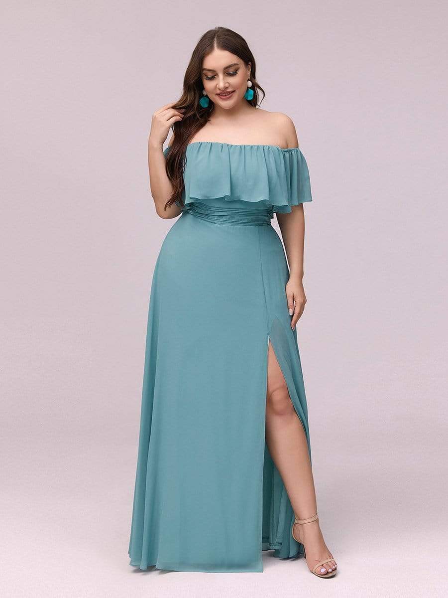 Color=Dusty Blue | Plus Size Women'S A-Line Off Shoulder Ruffle Thigh Split Bridesmaid Dress-Dusty Blue 4 Color=Dusty Blue | Plus Size Women'S A-Line Off Shoulder Ruffle Thigh Split Bridesmaid Dress-Dusty Blue 4