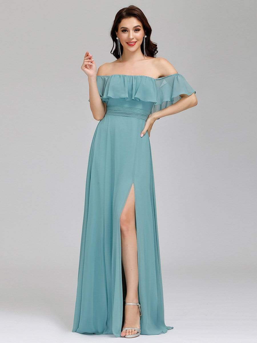 Color=Dusty Blue | Women'S A-Line Off Shoulder Ruffle Thigh Split Bridesmaid Dress-Dusty Blue 6 Color=Dusty Blue | Women'S A-Line Off Shoulder Ruffle Thigh Split Bridesmaid Dress-Dusty Blue 6