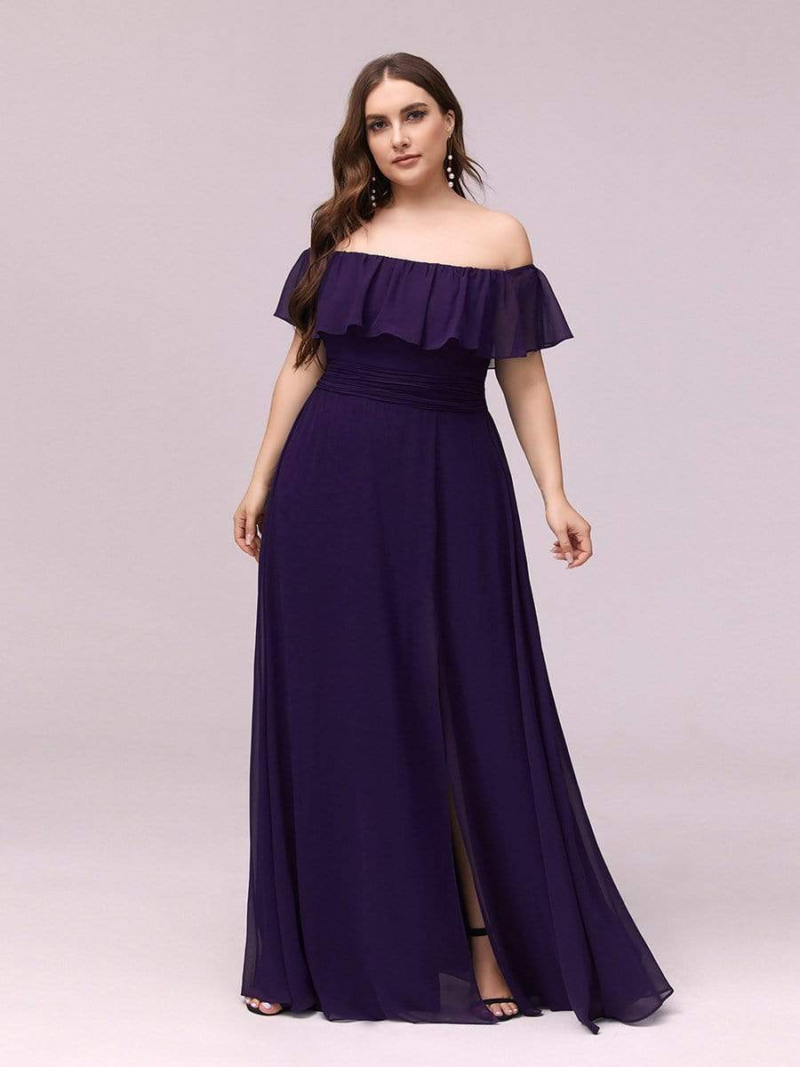 Color=Dark Purple | Plus Size Women'S A-Line Off Shoulder Ruffle Thigh Split Bridesmaid Dress-Dark Purple 4 Color=Dark Purple | Plus Size Women'S A-Line Off Shoulder Ruffle Thigh Split Bridesmaid Dress-Dark Purple 4