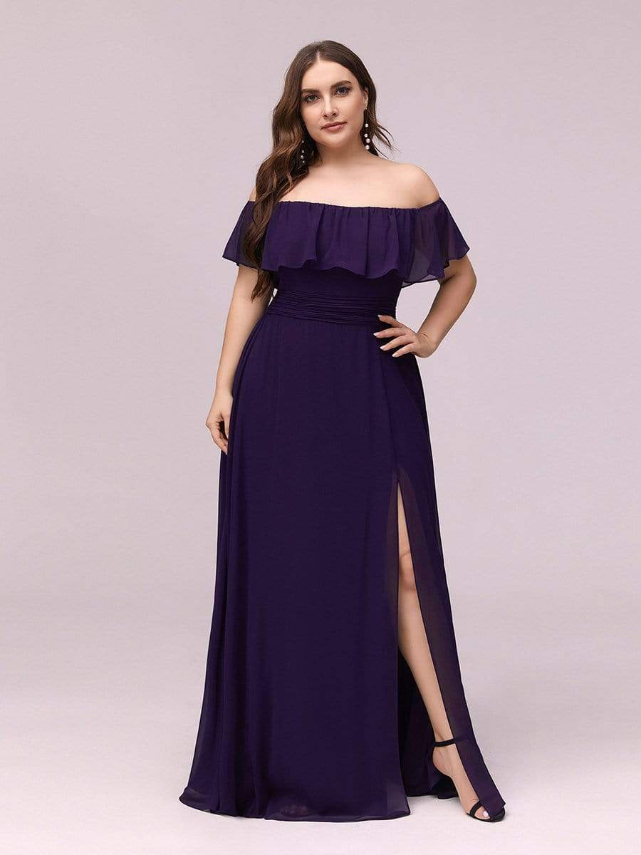 Color=Dark Purple | Women'S A-Line Off Shoulder Ruffle Thigh Split Bridesmaid Dress-Dark Purple 6 Color=Dark Purple | Women'S A-Line Off Shoulder Ruffle Thigh Split Bridesmaid Dress-Dark Purple 6