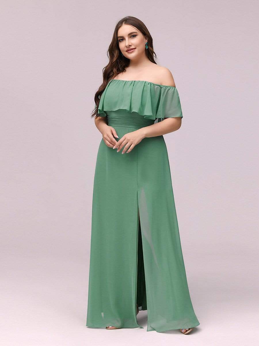 Color=Green Bean | Women'S A-Line Off Shoulder Ruffle Thigh Split Bridesmaid Dress-Green Bean 3 Color=Green Bean | Women'S A-Line Off Shoulder Ruffle Thigh Split Bridesmaid Dress-Green Bean 3