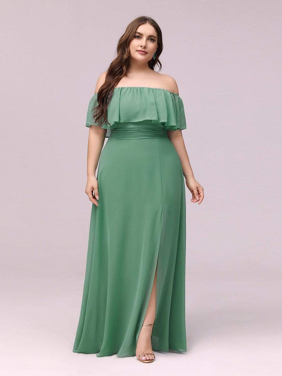 Color=Green Bean | Women'S A-Line Off Shoulder Ruffle Thigh Split Bridesmaid Dress-Green Bean 5 Color=Green Bean | Women'S A-Line Off Shoulder Ruffle Thigh Split Bridesmaid Dress-Green Bean 5