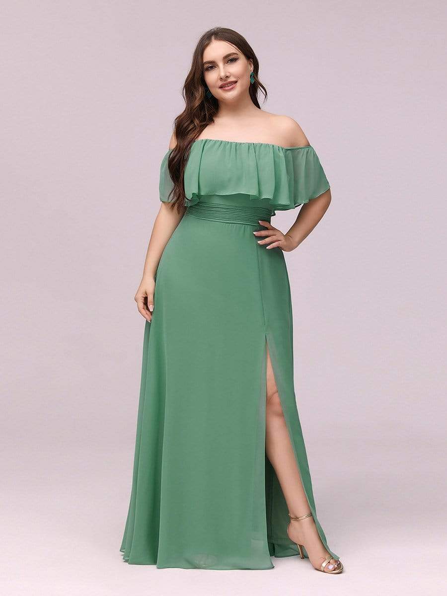 Color=Green Bean | Women'S A-Line Off Shoulder Ruffle Thigh Split Bridesmaid Dress-Green Bean 1 Color=Green Bean | Women'S A-Line Off Shoulder Ruffle Thigh Split Bridesmaid Dress-Green Bean 1