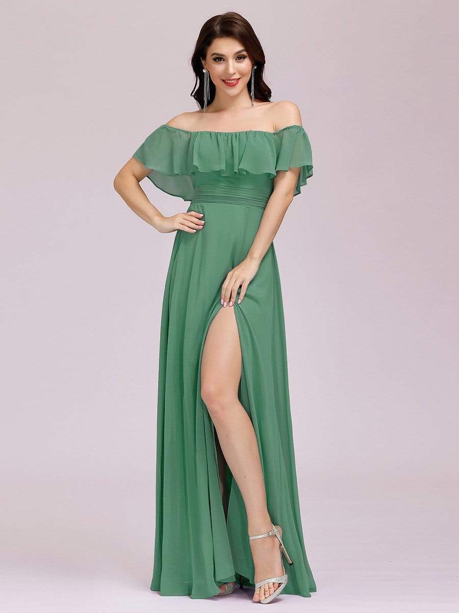 Color=Green Bean | Women'S A-Line Off Shoulder Ruffle Thigh Split Bridesmaid Dress-Green Bean 1 Color=Green Bean | Women'S A-Line Off Shoulder Ruffle Thigh Split Bridesmaid Dress-Green Bean 1