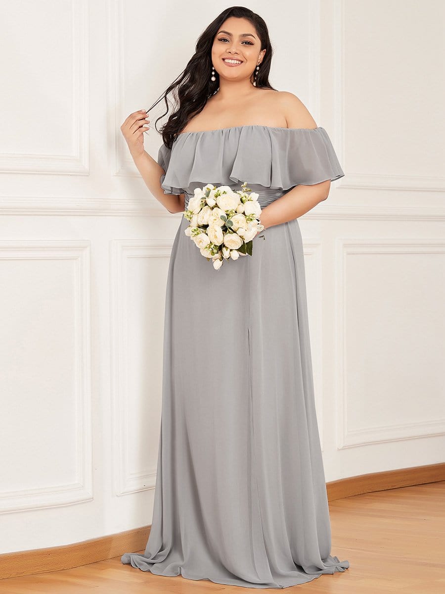Color=Grey | Women's A-Line Off Shoulder Ruffle Thigh Split Bridesmaid Dresses-Grey 6 Color=Grey | Women's A-Line Off Shoulder Ruffle Thigh Split Bridesmaid Dresses-Grey 6
