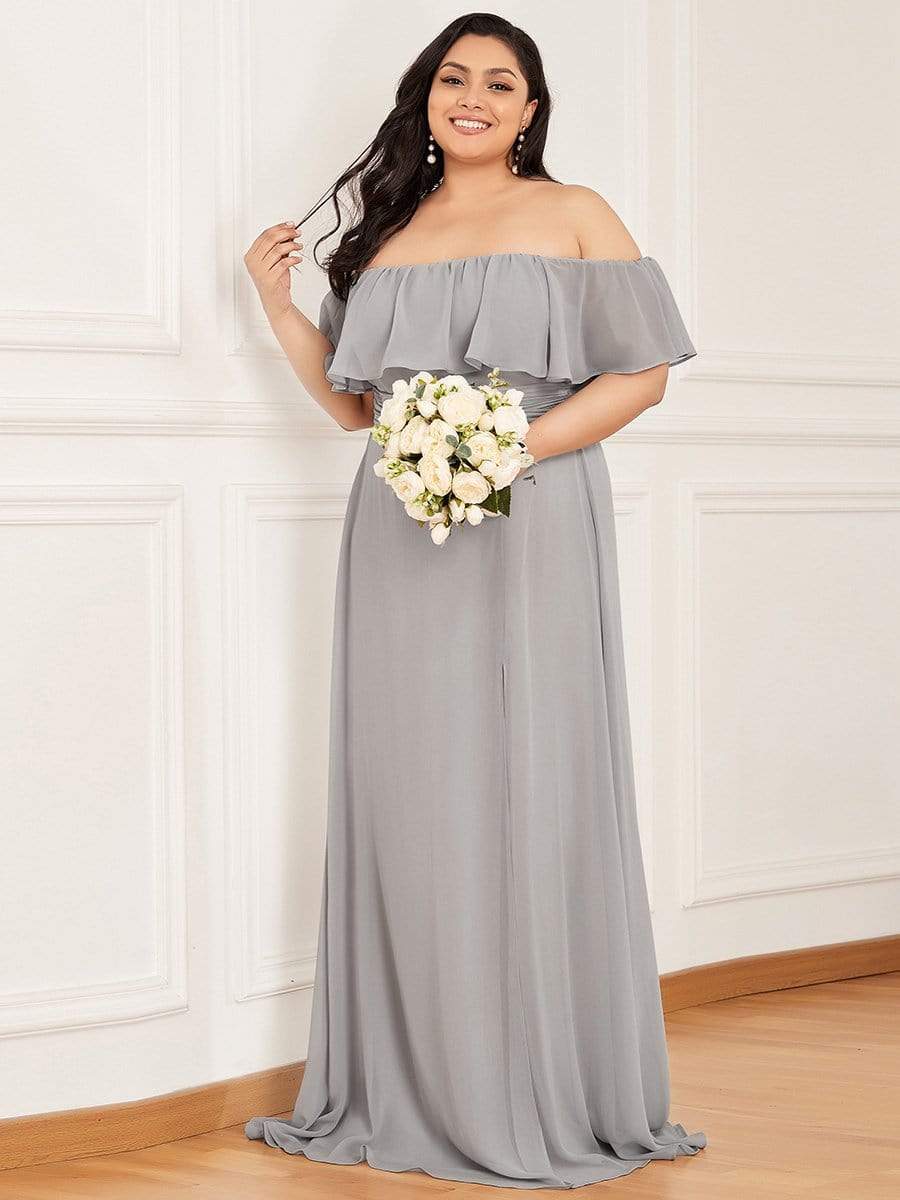 Color=Grey | Women's A-Line Off Shoulder Ruffle Thigh Split Bridesmaid Dresses-Grey 1 Color=Grey | Women's A-Line Off Shoulder Ruffle Thigh Split Bridesmaid Dresses-Grey 1