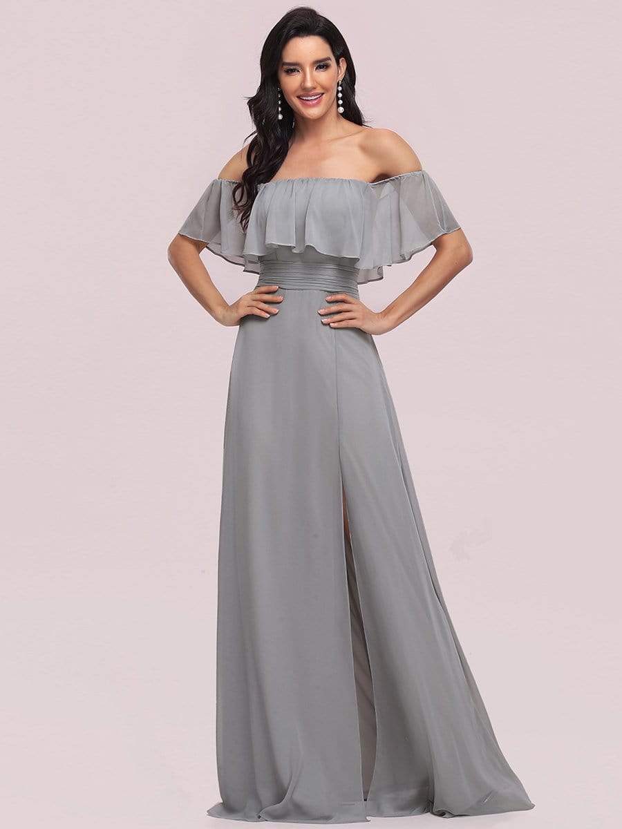 Color=Grey | Women's A-Line Off Shoulder Ruffle Thigh Split Bridesmaid Dresses-Grey 4 Color=Grey | Women's A-Line Off Shoulder Ruffle Thigh Split Bridesmaid Dresses-Grey 4